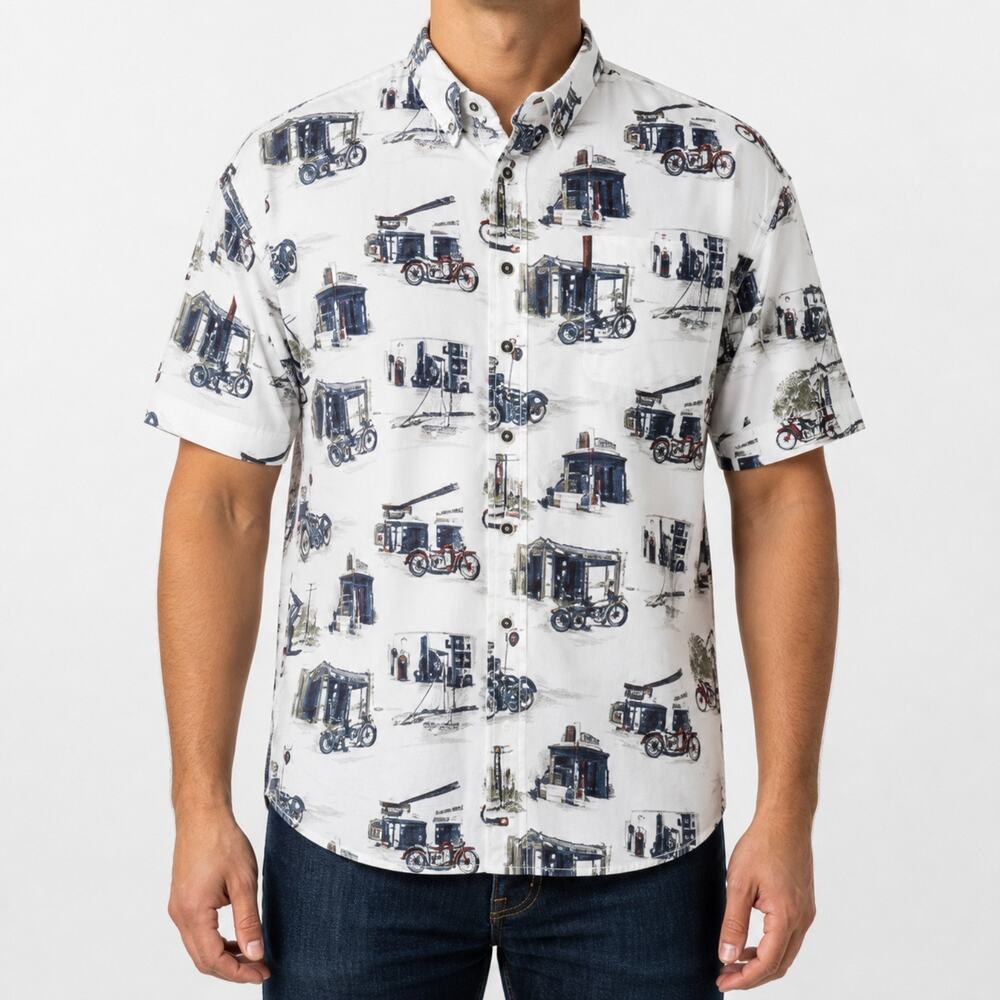 North River Shirt Mens Large White Motorcycle Gas Station Print Button Up Cotton